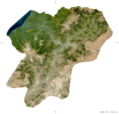 Artvin, Türkiye ili. Sentinel-2 uydu görüntüleri. Beyaz üzerinde izole edilmiş şekil. Tanımı, başkentin yeri. Değiştirilmiş Kopernik Sentinel verileri içerir