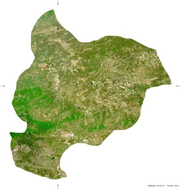 Bilecik, Türkiye ilinin bir ilçesi. Sentinel-2 uydu görüntüleri. Beyaz üzerinde izole edilmiş şekil. Tanımı, başkentin yeri. Değiştirilmiş Kopernik Sentinel verileri içerir