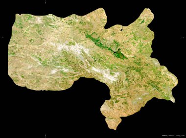 Hakkari, Türkiye ili. Sentinel-2 uydu görüntüleri. Siyah üzerine izole edilmiş şekil. Tanımı, başkentin yeri. Değiştirilmiş Kopernik Sentinel verileri içerir