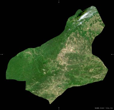 Karabuk, Türkiye ili. Sentinel-2 uydu görüntüleri. Siyah üzerine izole edilmiş şekil. Tanımı, başkentin yeri. Değiştirilmiş Kopernik Sentinel verileri içerir