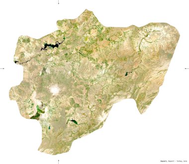 Kayseri, Türkiye ili. Sentinel-2 uydu görüntüleri. Beyaz üzerinde izole edilmiş şekil. Tanımı, başkentin yeri. Değiştirilmiş Kopernik Sentinel verileri içerir