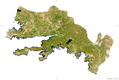 Mugla, Türkiye ili. Sentinel-2 uydu görüntüleri. Beyaz üzerinde izole edilmiş şekil. Tanımı, başkentin yeri. Değiştirilmiş Kopernik Sentinel verileri içerir
