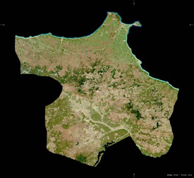 Sinop, Türkiye ili. Sentinel-2 uydu görüntüleri. Siyah üzerine izole edilmiş şekil. Tanımı, başkentin yeri. Değiştirilmiş Kopernik Sentinel verileri içerir