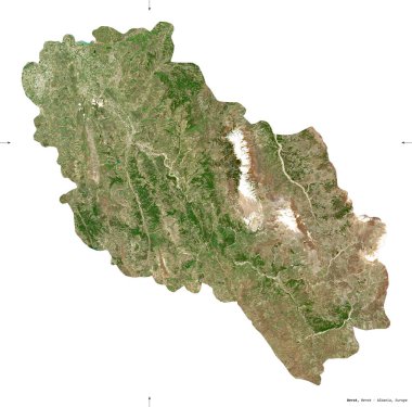 Berat, Arnavutluk Eyaleti. Sentinel-2 uydu görüntüleri. Beyaz üzerinde izole edilmiş şekil. Tanımı, başkentin yeri. Değiştirilmiş Kopernik Sentinel verileri içerir