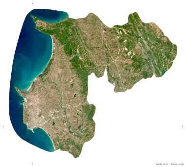 Durres, Arnavutluk Eyaleti. Sentinel-2 uydu görüntüleri. Beyaz üzerinde izole edilmiş şekil. Tanımı, başkentin yeri. Değiştirilmiş Kopernik Sentinel verileri içerir