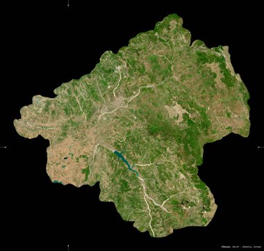 Elbasan, Arnavutluk Eyaleti. Sentinel-2 uydu görüntüleri. Siyah üzerine izole edilmiş şekil. Tanımı, başkentin yeri. Değiştirilmiş Kopernik Sentinel verileri içerir