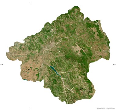 Elbasan, Arnavutluk Eyaleti. Sentinel-2 uydu görüntüleri. Beyaz üzerinde izole edilmiş şekil. Tanımı, başkentin yeri. Değiştirilmiş Kopernik Sentinel verileri içerir