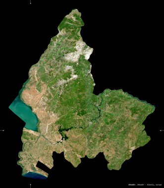 Shkoder, Arnavutluk Eyaleti. Sentinel-2 uydu görüntüleri. Siyah üzerine izole edilmiş şekil. Tanımı, başkentin yeri. Değiştirilmiş Kopernik Sentinel verileri içerir