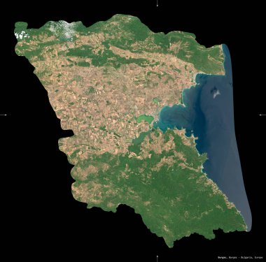 Burgaz, Bulgaristan ili. Sentinel-2 uydu görüntüleri. Siyah üzerine izole edilmiş şekil. Tanımı, başkentin yeri. Değiştirilmiş Kopernik Sentinel verileri içerir