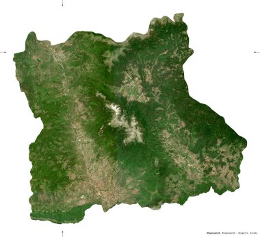 Blagoevgrad, Bulgaristan ili. Sentinel-2 uydu görüntüleri. Beyaz üzerinde izole edilmiş şekil. Tanımı, başkentin yeri. Değiştirilmiş Kopernik Sentinel verileri içerir