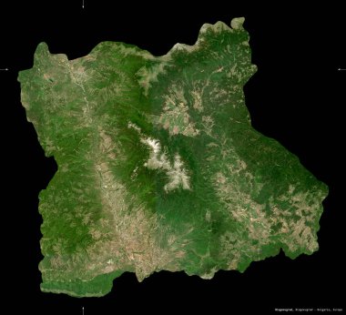 Blagoevgrad, Bulgaristan ili. Sentinel-2 uydu görüntüleri. Siyah üzerine izole edilmiş şekil. Tanımı, başkentin yeri. Değiştirilmiş Kopernik Sentinel verileri içerir