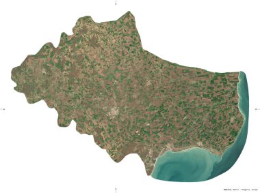 Dobrich, Bulgaristan ili. Sentinel-2 uydu görüntüleri. Beyaz üzerinde izole edilmiş şekil. Tanımı, başkentin yeri. Değiştirilmiş Kopernik Sentinel verileri içerir