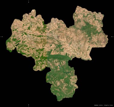 Haskovo, Bulgaristan ili. Sentinel-2 uydu görüntüleri. Siyah üzerine izole edilmiş şekil. Tanımı, başkentin yeri. Değiştirilmiş Kopernik Sentinel verileri içerir