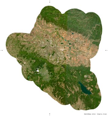 Grad Sofiya, Bulgaristan ili. Sentinel-2 uydu görüntüleri. Beyaz üzerinde izole edilmiş şekil. Tanımı, başkentin yeri. Değiştirilmiş Kopernik Sentinel verileri içerir