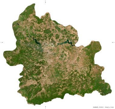 Kardzhali, Bulgaristan ili. Sentinel-2 uydu görüntüleri. Beyaz üzerinde izole edilmiş şekil. Tanımı, başkentin yeri. Değiştirilmiş Kopernik Sentinel verileri içerir