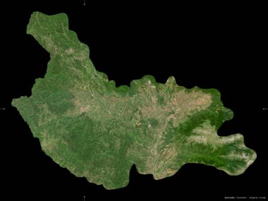 Kyustendil, Bulgaristan ili. Sentinel-2 uydu görüntüleri. Siyah üzerine izole edilmiş şekil. Tanımı, başkentin yeri. Değiştirilmiş Kopernik Sentinel verileri içerir