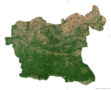 Lovech, Bulgaristan vilayeti. Sentinel-2 uydu görüntüleri. Beyaz üzerinde izole edilmiş şekil. Tanımı, başkentin yeri. Değiştirilmiş Kopernik Sentinel verileri içerir