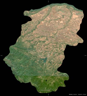 Montana, Bulgaristan vilayeti. Sentinel-2 uydu görüntüleri. Siyah üzerine izole edilmiş şekil. Tanımı, başkentin yeri. Değiştirilmiş Kopernik Sentinel verileri içerir