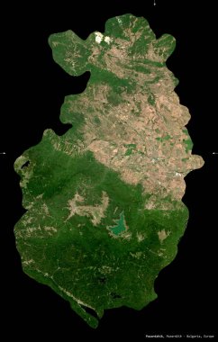 Pazardzhik, Bulgaristan ili. Sentinel-2 uydu görüntüleri. Siyah üzerine izole edilmiş şekil. Tanımı, başkentin yeri. Değiştirilmiş Kopernik Sentinel verileri içerir