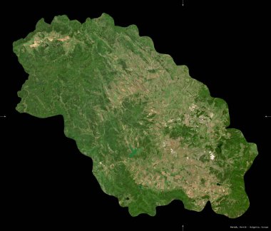 Pernik, Bulgaristan ili. Sentinel-2 uydu görüntüleri. Siyah üzerine izole edilmiş şekil. Tanımı, başkentin yeri. Değiştirilmiş Kopernik Sentinel verileri içerir