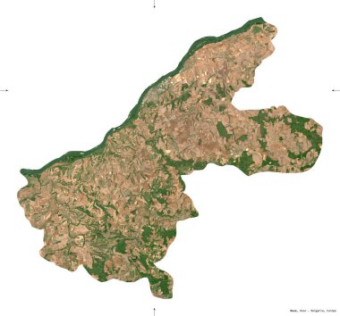 Rusçuk, Bulgaristan vilayeti. Sentinel-2 uydu görüntüleri. Beyaz üzerinde izole edilmiş şekil. Tanımı, başkentin yeri. Değiştirilmiş Kopernik Sentinel verileri içerir