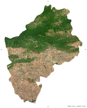 Sliven, Bulgaristan vilayeti. Sentinel-2 uydu görüntüleri. Beyaz üzerinde izole edilmiş şekil. Tanımı, başkentin yeri. Değiştirilmiş Kopernik Sentinel verileri içerir
