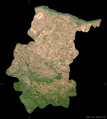 Vratsa, Bulgaristan ili. Sentinel-2 uydu görüntüleri. Siyah üzerine izole edilmiş şekil. Tanımı, başkentin yeri. Değiştirilmiş Kopernik Sentinel verileri içerir