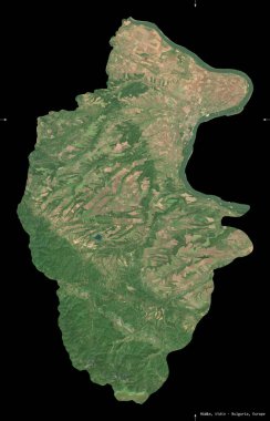 Vidin, Bulgaristan vilayeti. Sentinel-2 uydu görüntüleri. Siyah üzerine izole edilmiş şekil. Tanımı, başkentin yeri. Değiştirilmiş Kopernik Sentinel verileri içerir