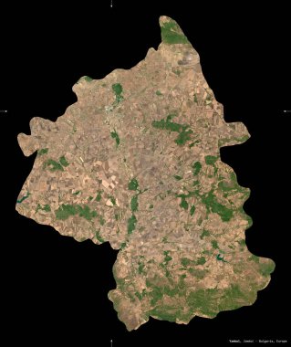 Yambol, Bulgaristan ili. Sentinel-2 uydu görüntüleri. Siyah üzerine izole edilmiş şekil. Tanımı, başkentin yeri. Değiştirilmiş Kopernik Sentinel verileri içerir
