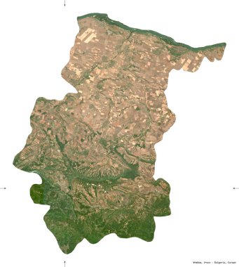 Vratsa, Bulgaristan ili. Sentinel-2 uydu görüntüleri. Beyaz üzerinde izole edilmiş şekil. Tanımı, başkentin yeri. Değiştirilmiş Kopernik Sentinel verileri içerir