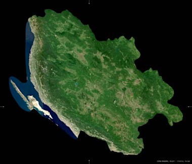 Licko-Senjska, Hırvatistan Eyaleti. Sentinel-2 uydu görüntüleri. Siyah üzerine izole edilmiş şekil. Tanımı, başkentin yeri. Değiştirilmiş Kopernik Sentinel verileri içerir