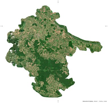 Vukovarsko-Srijemska, Hırvatistan ilçesi. Sentinel-2 uydu görüntüleri. Beyaz üzerinde izole edilmiş şekil. Tanımı, başkentin yeri. Değiştirilmiş Kopernik Sentinel verileri içerir