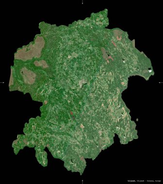 Viljandi, Estonya Eyaleti. Sentinel-2 uydu görüntüleri. Siyah üzerine izole edilmiş şekil. Tanımı, başkentin yeri. Değiştirilmiş Kopernik Sentinel verileri içerir