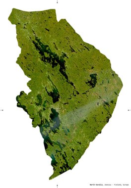 Kuzey Karelya, Finlandiya bölgesi. Sentinel-2 uydu görüntüleri. Beyaz üzerinde izole edilmiş şekil. Tanımı, başkentin yeri. Değiştirilmiş Kopernik Sentinel verileri içerir
