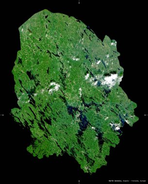 Kuzey Savonia, Finlandiya bölgesi. Sentinel-2 uydu görüntüleri. Siyah üzerine izole edilmiş şekil. Tanımı, başkentin yeri. Değiştirilmiş Kopernik Sentinel verileri içerir