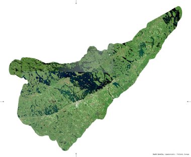 Güney Karelya, Finlandiya bölgesi. Sentinel-2 uydu görüntüleri. Beyaz üzerinde izole edilmiş şekil. Tanımı, başkentin yeri. Değiştirilmiş Kopernik Sentinel verileri içerir