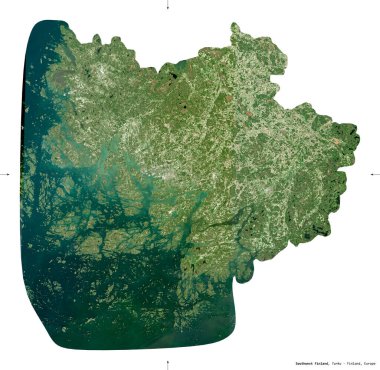 Güneybatı Finlandiya, Finlandiya bölgesi. Sentinel-2 uydu görüntüleri. Beyaz üzerinde izole edilmiş şekil. Tanımı, başkentin yeri. Değiştirilmiş Kopernik Sentinel verileri içerir