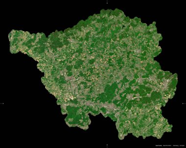 Saarland, Almanya devleti. Sentinel-2 uydu görüntüleri. Siyah üzerine izole edilmiş şekil. Tanımı, başkentin yeri. Değiştirilmiş Kopernik Sentinel verileri içerir