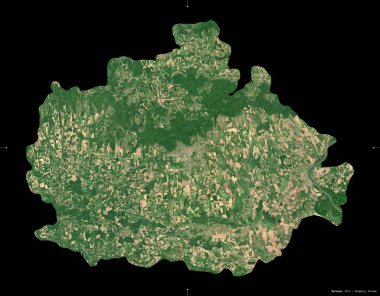 Baranya, Macaristan Bölgesi. Sentinel-2 uydu görüntüleri. Siyah üzerine izole edilmiş şekil. Tanımı, başkentin yeri. Değiştirilmiş Kopernik Sentinel verileri içerir