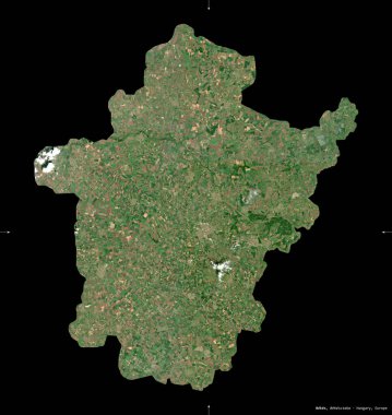 Bekes, Macaristan Bölgesi. Sentinel-2 uydu görüntüleri. Siyah üzerine izole edilmiş şekil. Tanımı, başkentin yeri. Değiştirilmiş Kopernik Sentinel verileri içerir