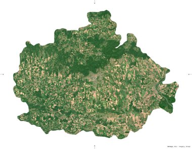 Baranya, Macaristan Bölgesi. Sentinel-2 uydu görüntüleri. Beyaz üzerinde izole edilmiş şekil. Tanımı, başkentin yeri. Değiştirilmiş Kopernik Sentinel verileri içerir