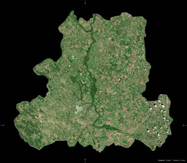 Csongrad, Macaristan Bölgesi. Sentinel-2 uydu görüntüleri. Siyah üzerine izole edilmiş şekil. Tanımı, başkentin yeri. Değiştirilmiş Kopernik Sentinel verileri içerir