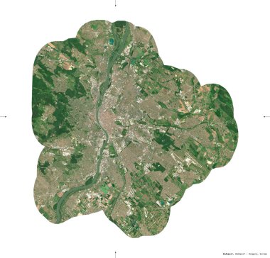 Budapeşte, Macaristan 'ın başkenti. Sentinel-2 uydu görüntüleri. Beyaz üzerinde izole edilmiş şekil. Tanımı, başkentin yeri. Değiştirilmiş Kopernik Sentinel verileri içerir