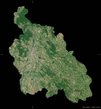 Macaristan 'ın baş belası. Sentinel-2 uydu görüntüleri. Siyah üzerine izole edilmiş şekil. Tanımı, başkentin yeri. Değiştirilmiş Kopernik Sentinel verileri içerir