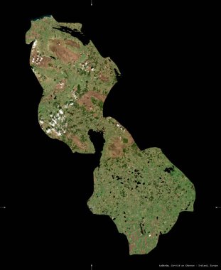 Leitrim, İrlanda Bölgesi. Sentinel-2 uydu görüntüleri. Siyah üzerine izole edilmiş şekil. Tanımı, başkentin yeri. Değiştirilmiş Kopernik Sentinel verileri içerir