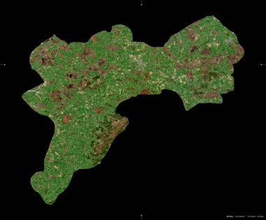 Offaly, İrlanda Bölgesi. Sentinel-2 uydu görüntüleri. Siyah üzerine izole edilmiş şekil. Tanımı, başkentin yeri. Değiştirilmiş Kopernik Sentinel verileri içerir