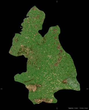 Tipperary, İrlanda Bölgesi. Sentinel-2 uydu görüntüleri. Siyah üzerine izole edilmiş şekil. Tanımı, başkentin yeri. Değiştirilmiş Kopernik Sentinel verileri içerir