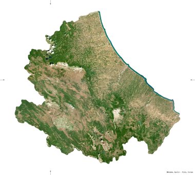Abruzzo, İtalya bölgesi. Sentinel-2 uydu görüntüleri. Beyaz üzerinde izole edilmiş şekil. Tanımı, başkentin yeri. Değiştirilmiş Kopernik Sentinel verileri içerir