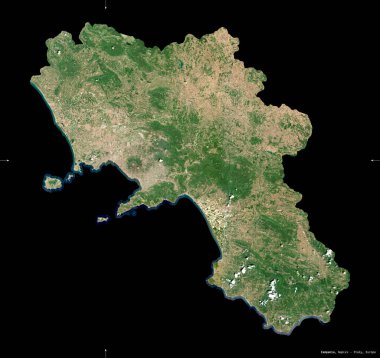 Campania, İtalya bölgesi. Sentinel-2 uydu görüntüleri. Siyah üzerine izole edilmiş şekil. Tanımı, başkentin yeri. Değiştirilmiş Kopernik Sentinel verileri içerir