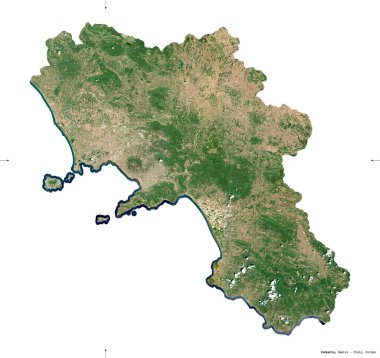 Campania, İtalya bölgesi. Sentinel-2 uydu görüntüleri. Beyaz üzerinde izole edilmiş şekil. Tanımı, başkentin yeri. Değiştirilmiş Kopernik Sentinel verileri içerir